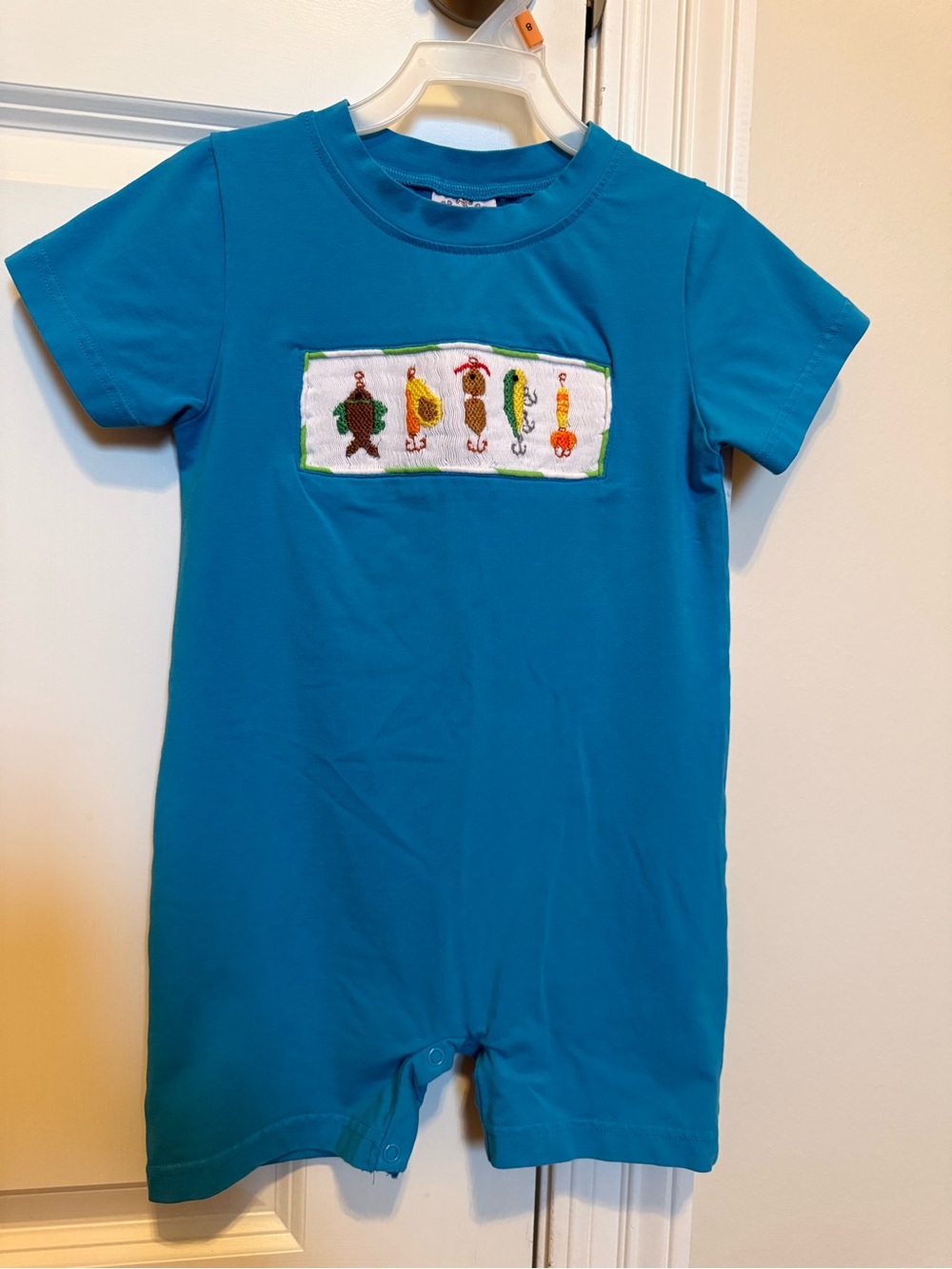 Kids Short Sleeve Teal Blue Romper Tee with Fishing Embroidery